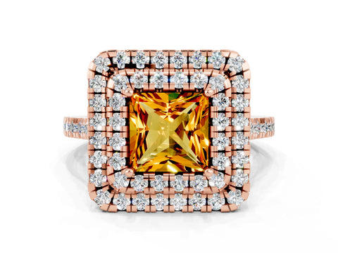 Rose gold Double Halo Princess Cut Citrine Pavé Band with Four-Prong Setting
