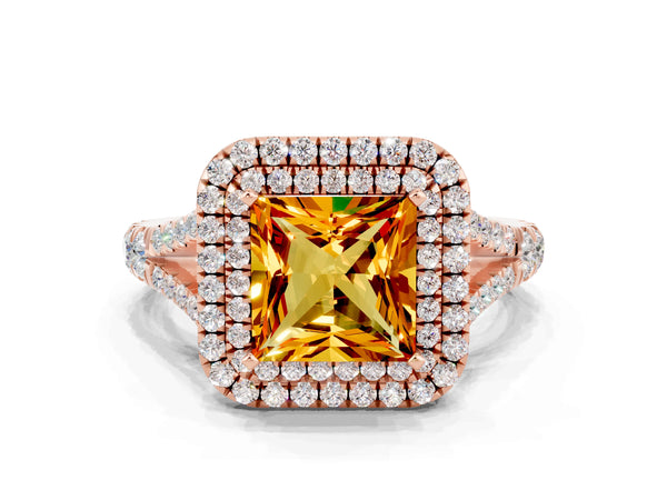 Rose gold Double Halo Princess Cut Citrine Pavé Split Shank Ring with Prong Setting