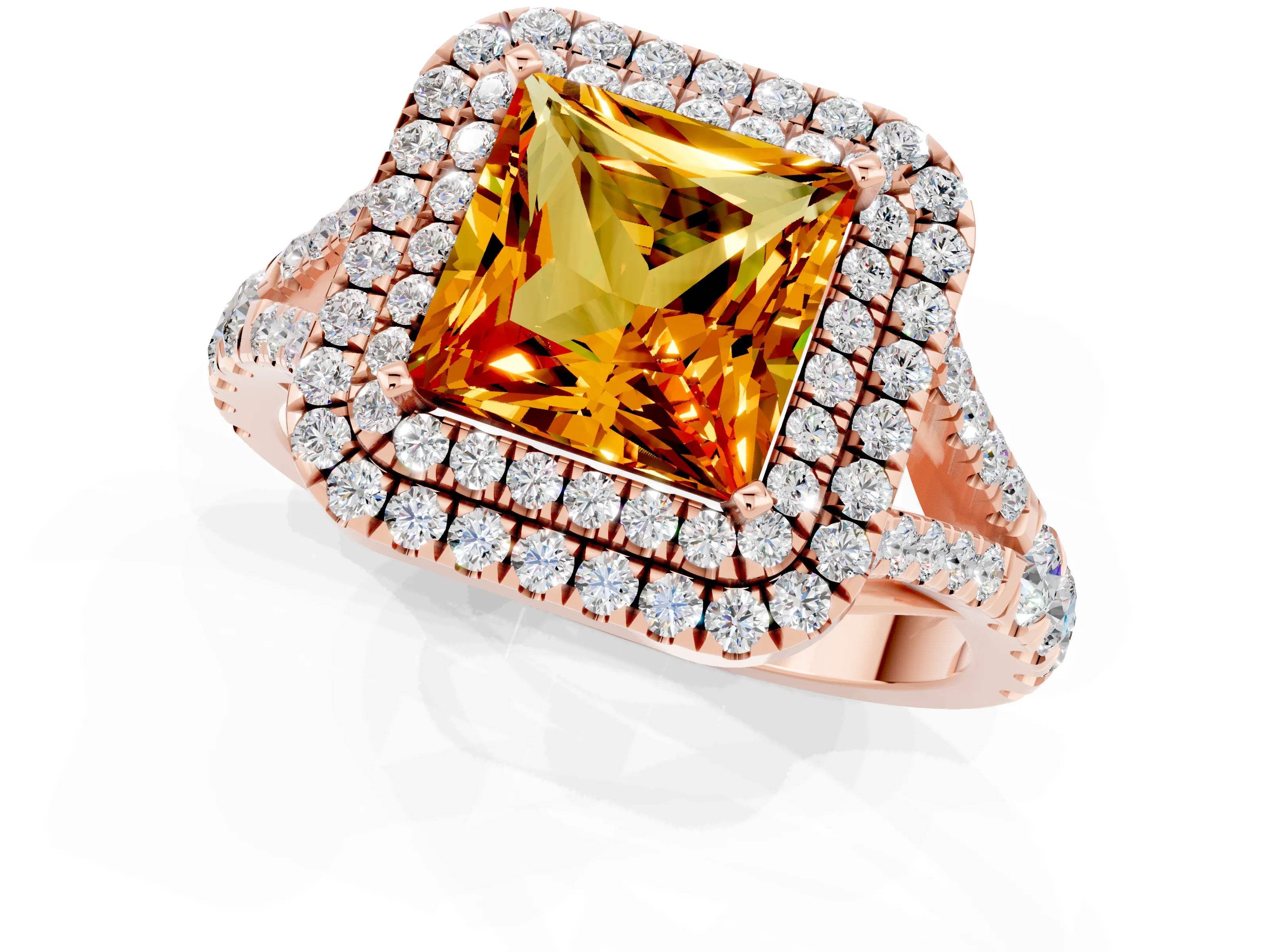 Rose gold Double Halo Princess Cut Citrine Pavé Split Shank Ring with Prong Setting_1