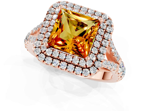 Rose gold Double Halo Princess Cut Citrine Pavé Split Shank Ring with Prong Setting_1