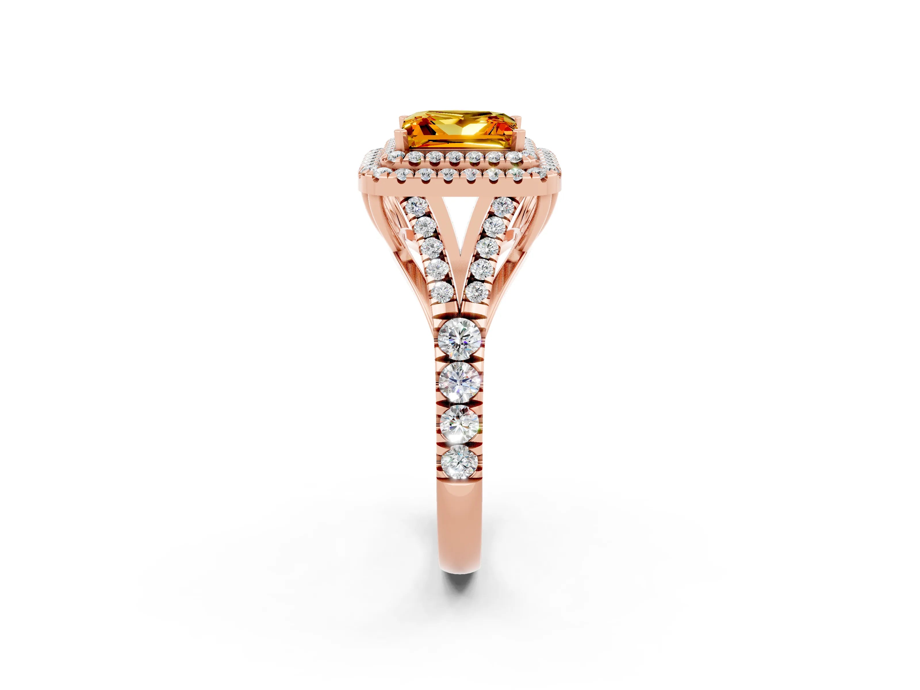 Rose gold Double Halo Princess Cut Citrine Pavé Split Shank Ring with Prong Setting_2