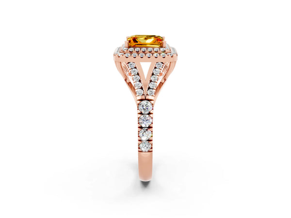 Rose gold Double Halo Princess Cut Citrine Pavé Split Shank Ring with Prong Setting