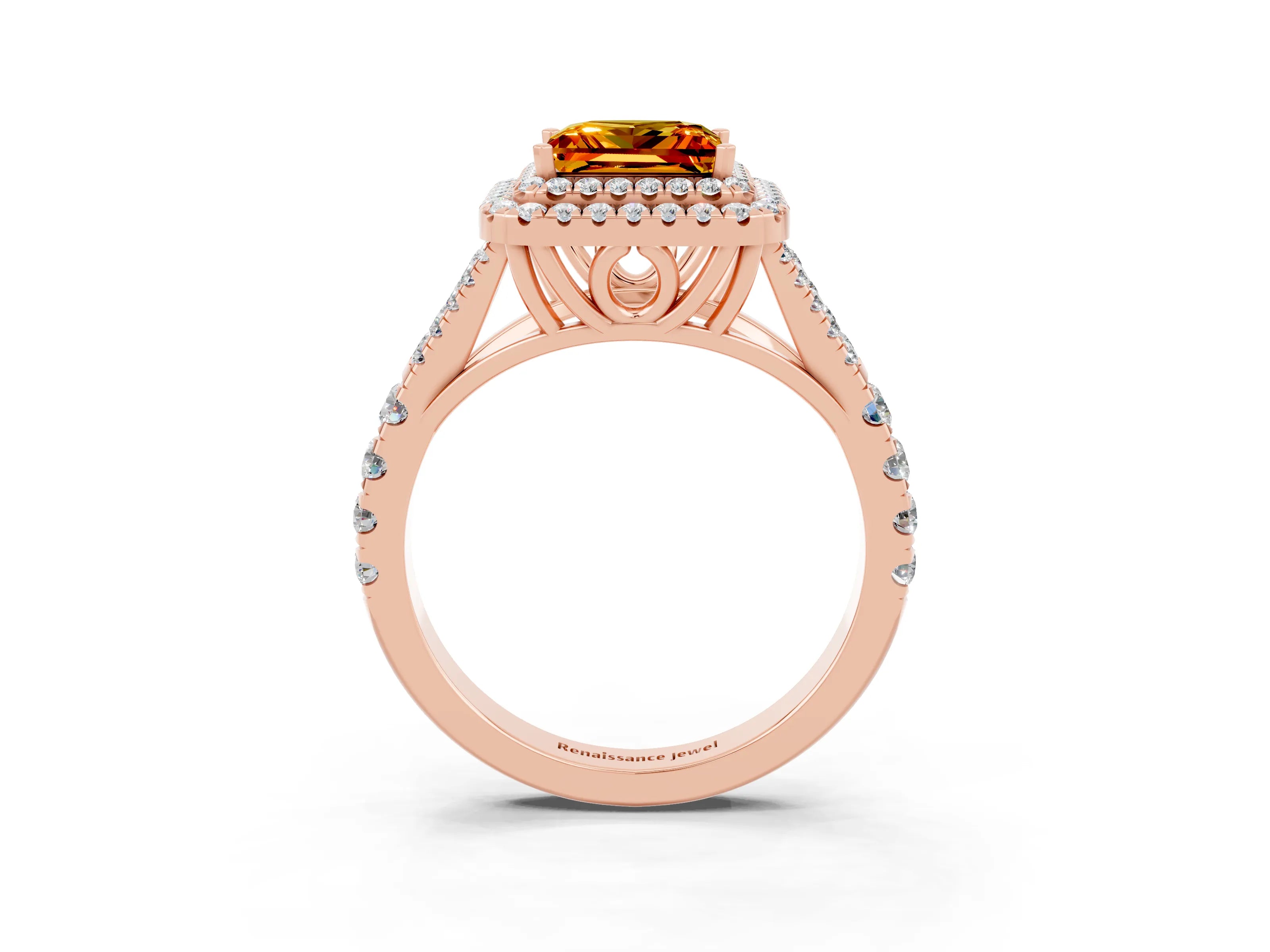 Rose gold Double Halo Princess Cut Citrine Pavé Split Shank Ring with Prong Setting_3