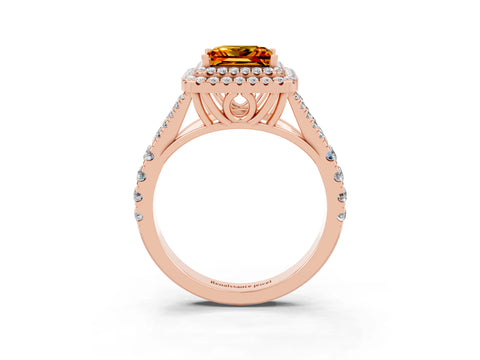 Rose gold Double Halo Princess Cut Citrine Pavé Split Shank Ring with Prong Setting_3