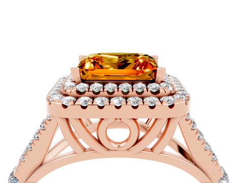 Rose gold Double Halo Princess Cut Citrine Pavé Split Shank Ring with Prong Setting_4