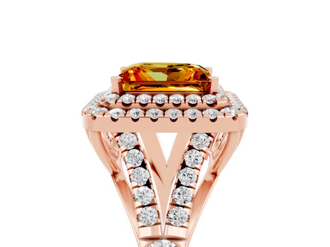 Rose gold Double Halo Princess Cut Citrine Pavé Split Shank Ring with Prong Setting_5