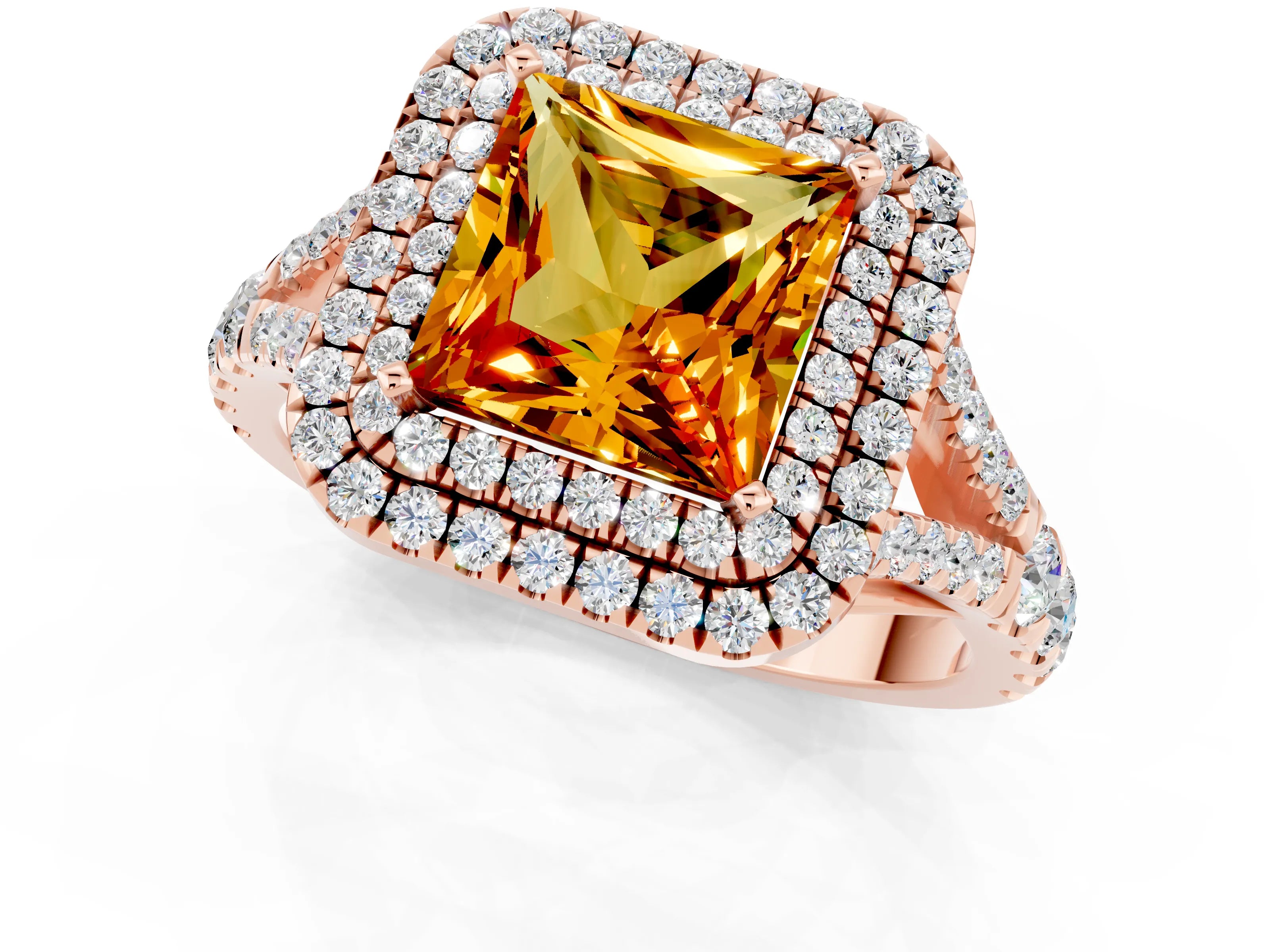 Rose gold Double Halo Princess Cut Citrine Split Shank Engagement Ring with Four-Prong Setting_1