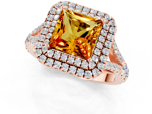 Rose gold Double Halo Princess Cut Citrine Split Shank Engagement Ring with Four-Prong Setting