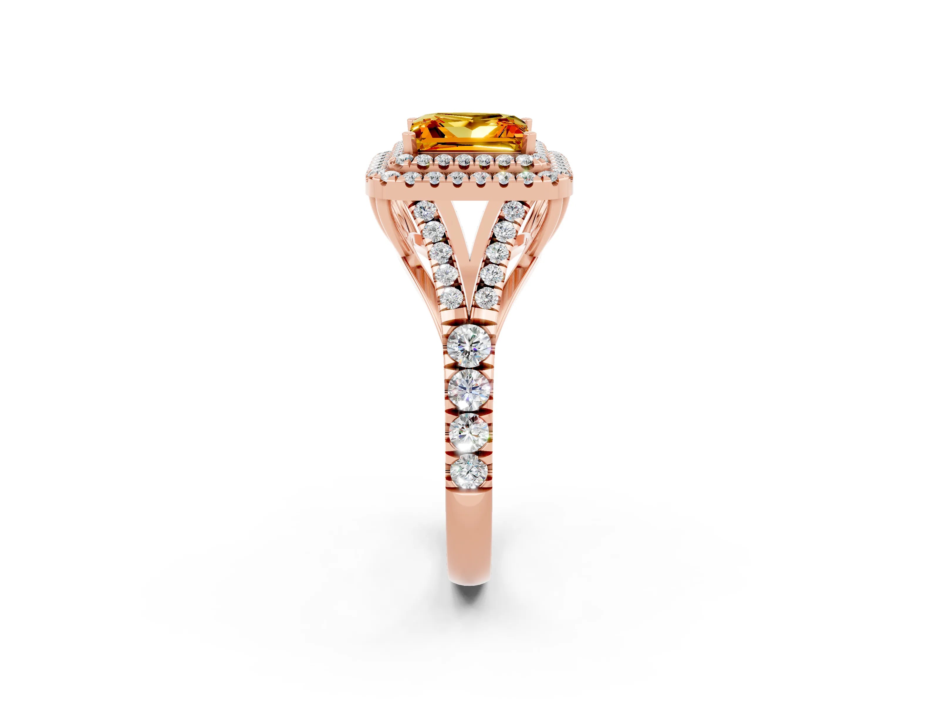 Rose gold Double Halo Princess Cut Citrine Split Shank Engagement Ring with Four-Prong Setting_2