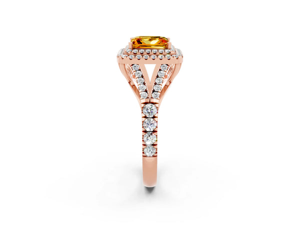 Rose gold Double Halo Princess Cut Citrine Split Shank Engagement Ring with Four-Prong Setting