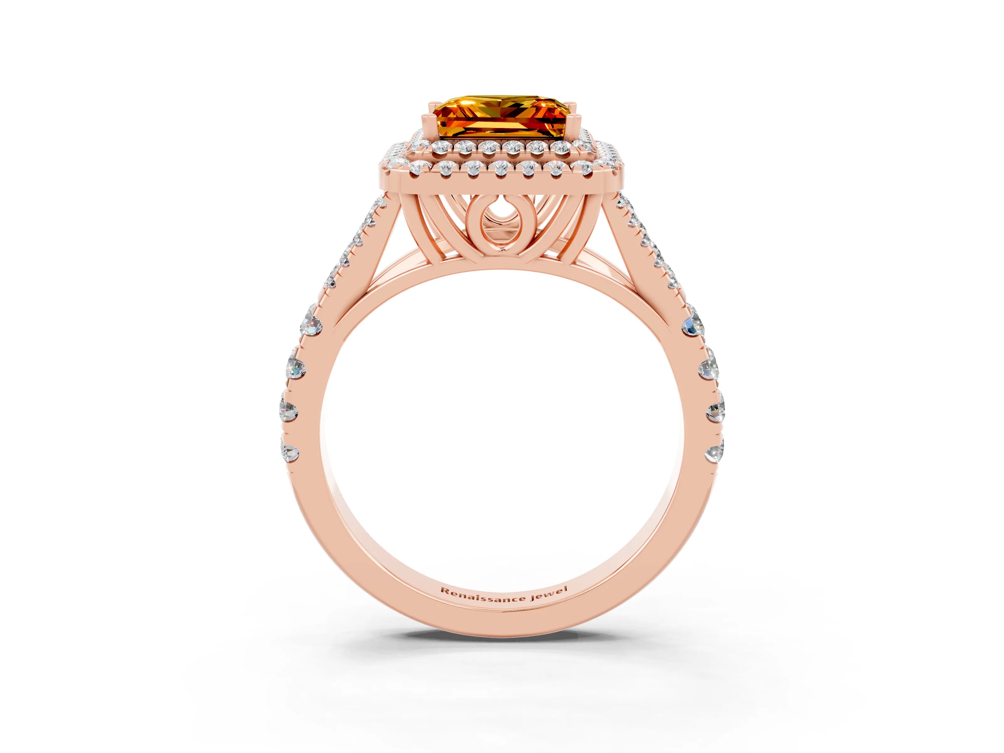 Rose gold Double Halo Princess Cut Citrine Split Shank Engagement Ring with Four-Prong Setting_3
