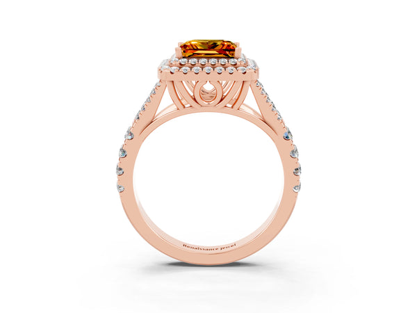 Rose gold Double Halo Princess Cut Citrine Split Shank Engagement Ring with Four-Prong Setting