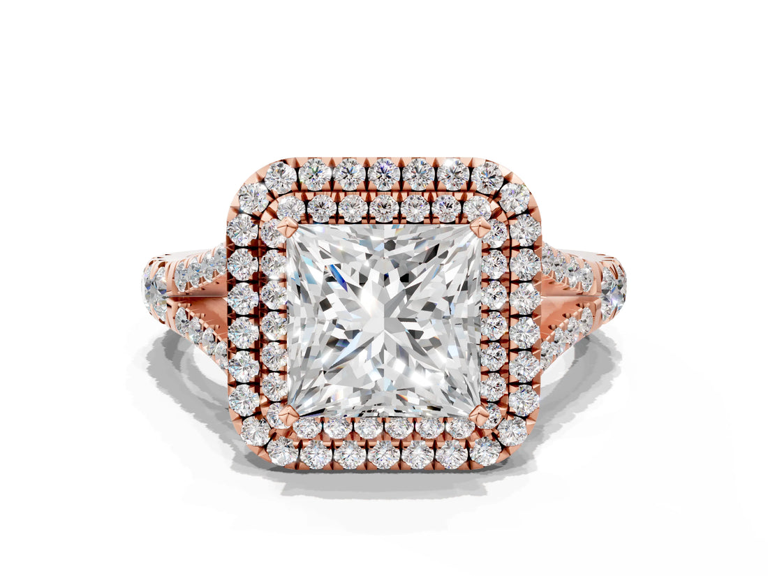 Rose gold Double Halo Princess Cut Diamond Split Shank Engagement Ring with Four-Prong Setting_3