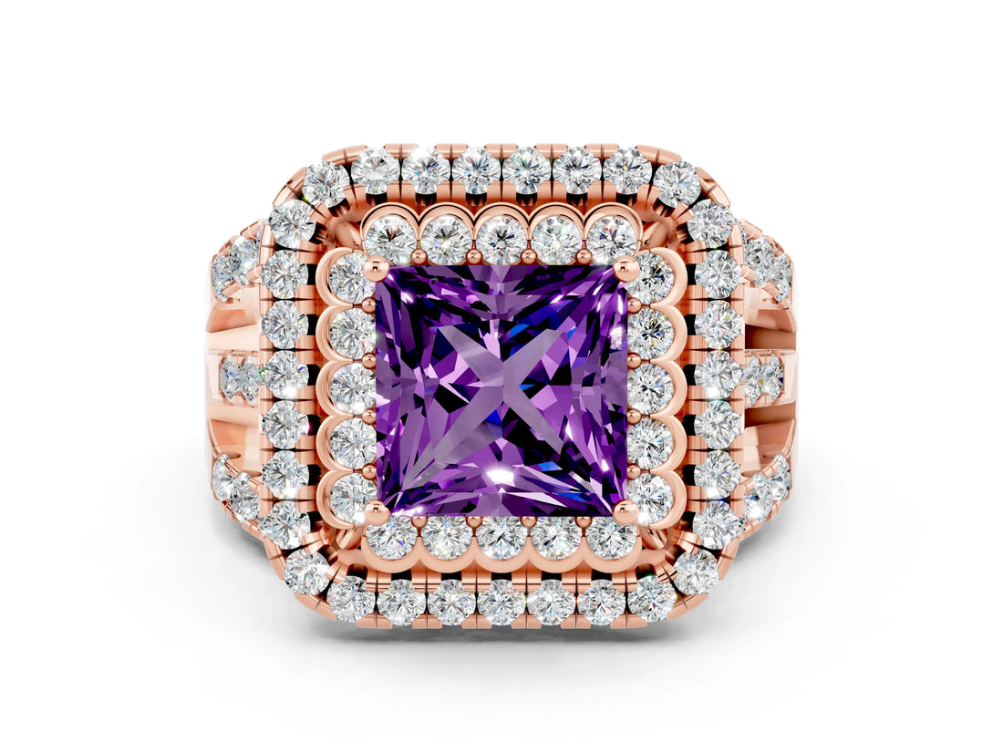 Rose gold Double Halo Princess Cut Diamond Split Shank Pave Set Ring