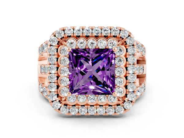 Rose gold Princess Cut Amethyst Double Halo Ring with Round Pavé Split Shank and Prong Setting