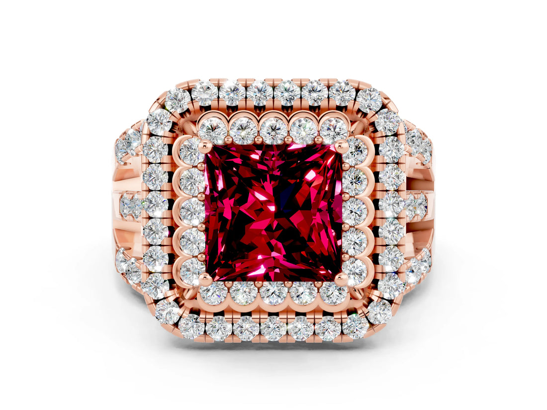 Rose gold Double Halo Princess Cut Diamond Split Shank Pave Set Ring