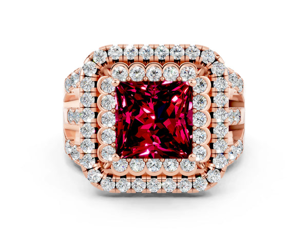 Rose gold Princess Cut Garnet Double Halo Ring with Round Pavé Split Shank and Prong Setting