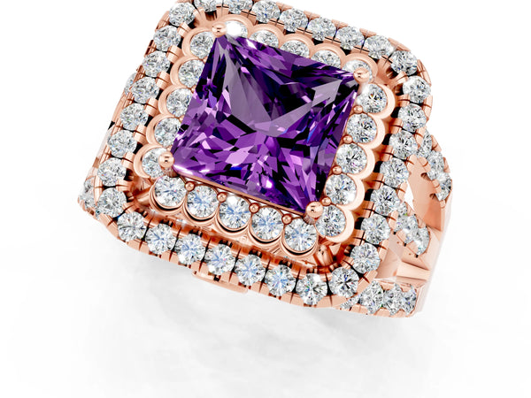Rose gold Princess Cut Amethyst Double Halo Ring with Round Pavé Split Shank and Prong Setting