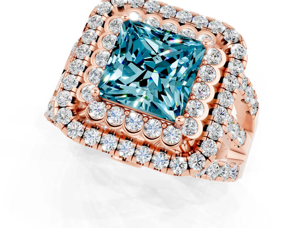 Rose gold Double Halo Princess Cut Diamond Split Shank Pave Set Ring