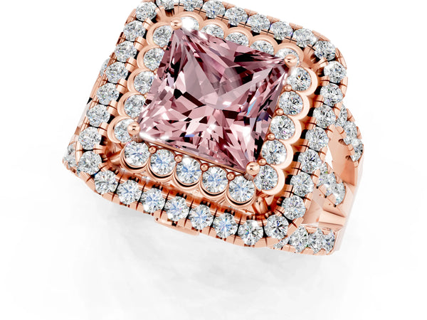 Rose gold Double Halo Princess Cut Diamond Split Shank Pave Set Ring