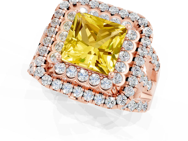 Rose gold Princess Cut Yellow Sapphire Double Halo Ring with Round Pavé Split Shank and Prong Setting