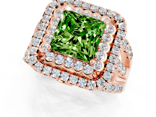 Rose gold Double Halo Princess Cut Diamond Split Shank Pave Set Ring