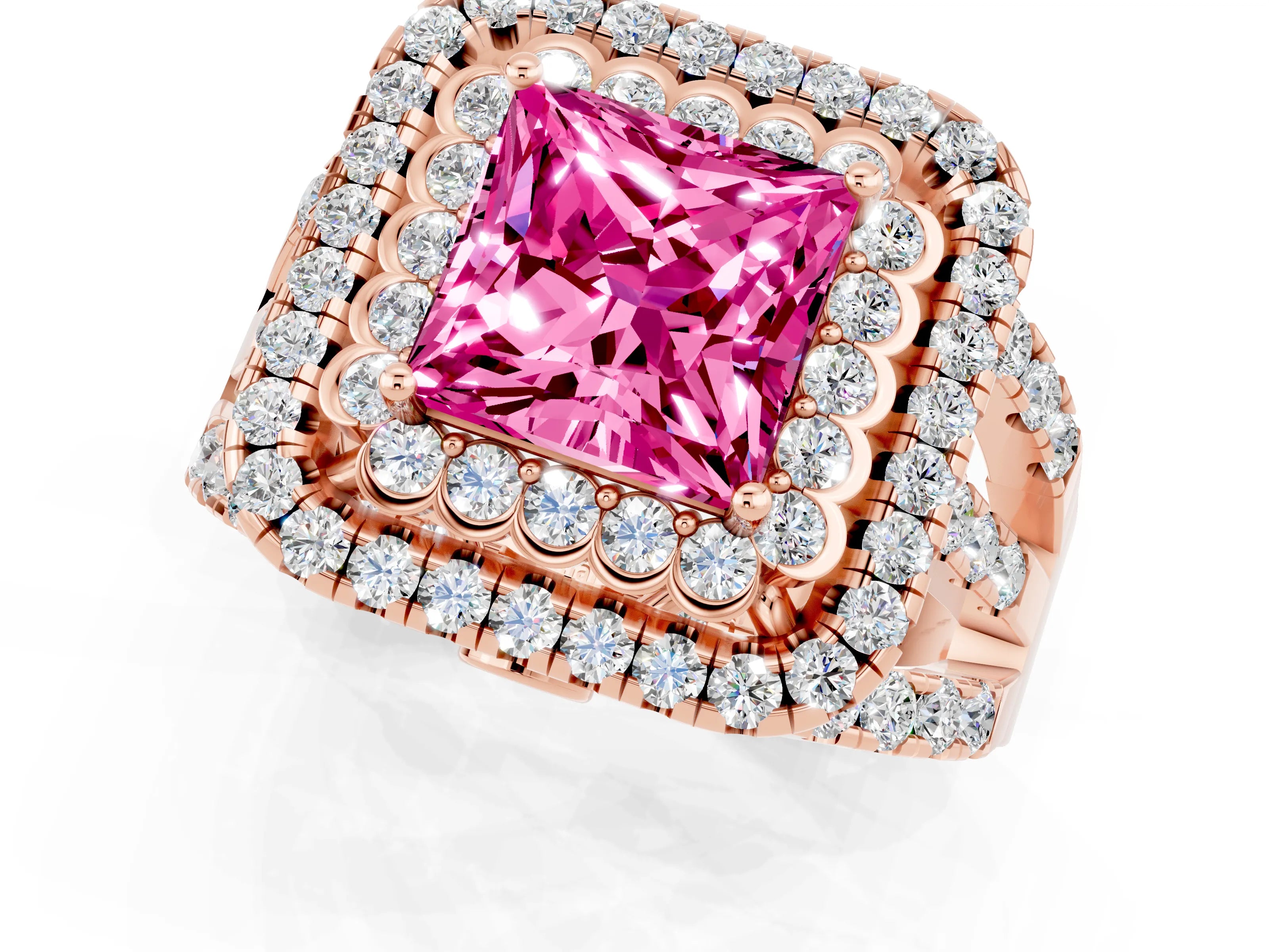 Rose gold Double Halo Princess Cut Diamond Split Shank Pave Set Ring_1