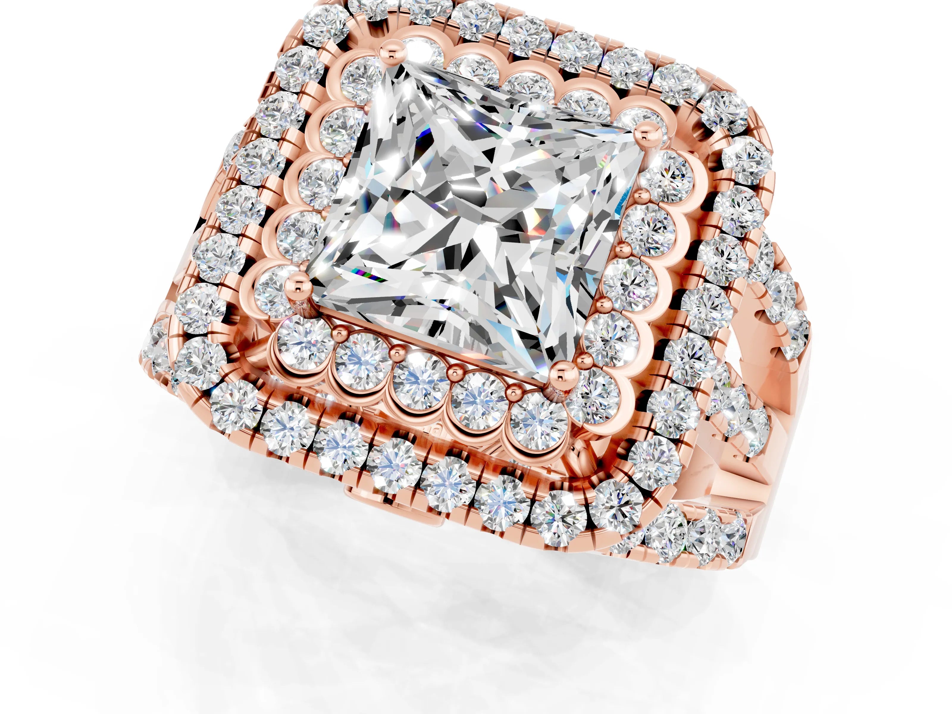 Rose gold Double Halo Princess Cut Diamond Split Shank Pave Set Ring_1