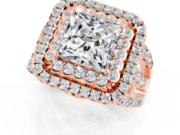 Rose gold Princess Cut Moissanite Double Halo Ring with Round Pavé Split Shank and Prong Setting
