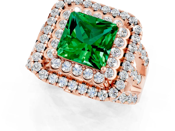 Rose gold Princess Cut Emerald Double Halo Ring with Round Pavé Split Shank and Prong Setting