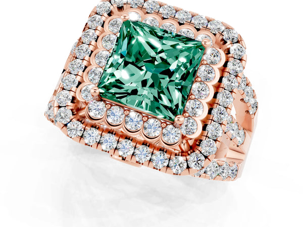 Rose gold Princess Cut Green Sapphire Double Halo Ring with Round Pavé Split Shank and Prong Setting