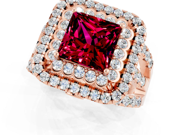 Rose gold Princess Cut Garnet Double Halo Ring with Round Pavé Split Shank and Prong Setting