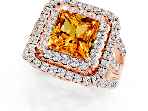 Rose gold Princess Cut Citrine Double Halo Ring with Round Pavé Split Shank and Prong Setting