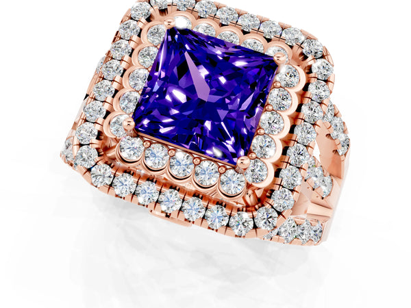 Rose gold Princess Cut Tanzanite Double Halo Ring with Round Pavé Split Shank and Prong Setting