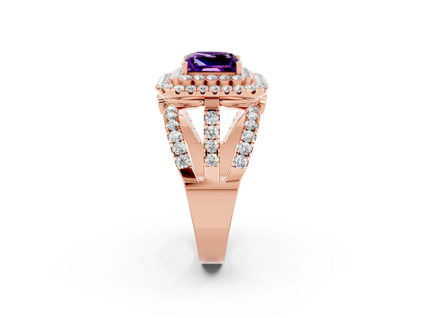 Rose gold Princess Cut Amethyst Double Halo Ring with Round Pavé Split Shank and Prong Setting