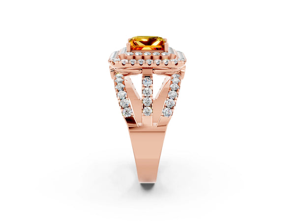 Rose gold Princess Cut Citrine Double Halo Ring with Round Pavé Split Shank and Prong Setting