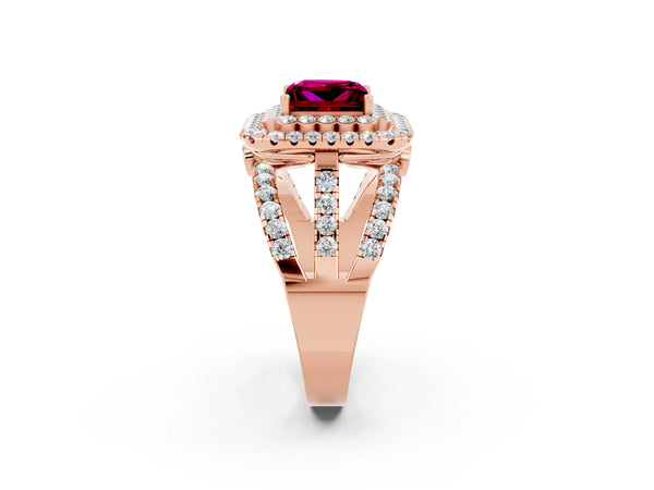 Rose gold Princess Cut Garnet Double Halo Ring with Round Pavé Split Shank and Prong Setting