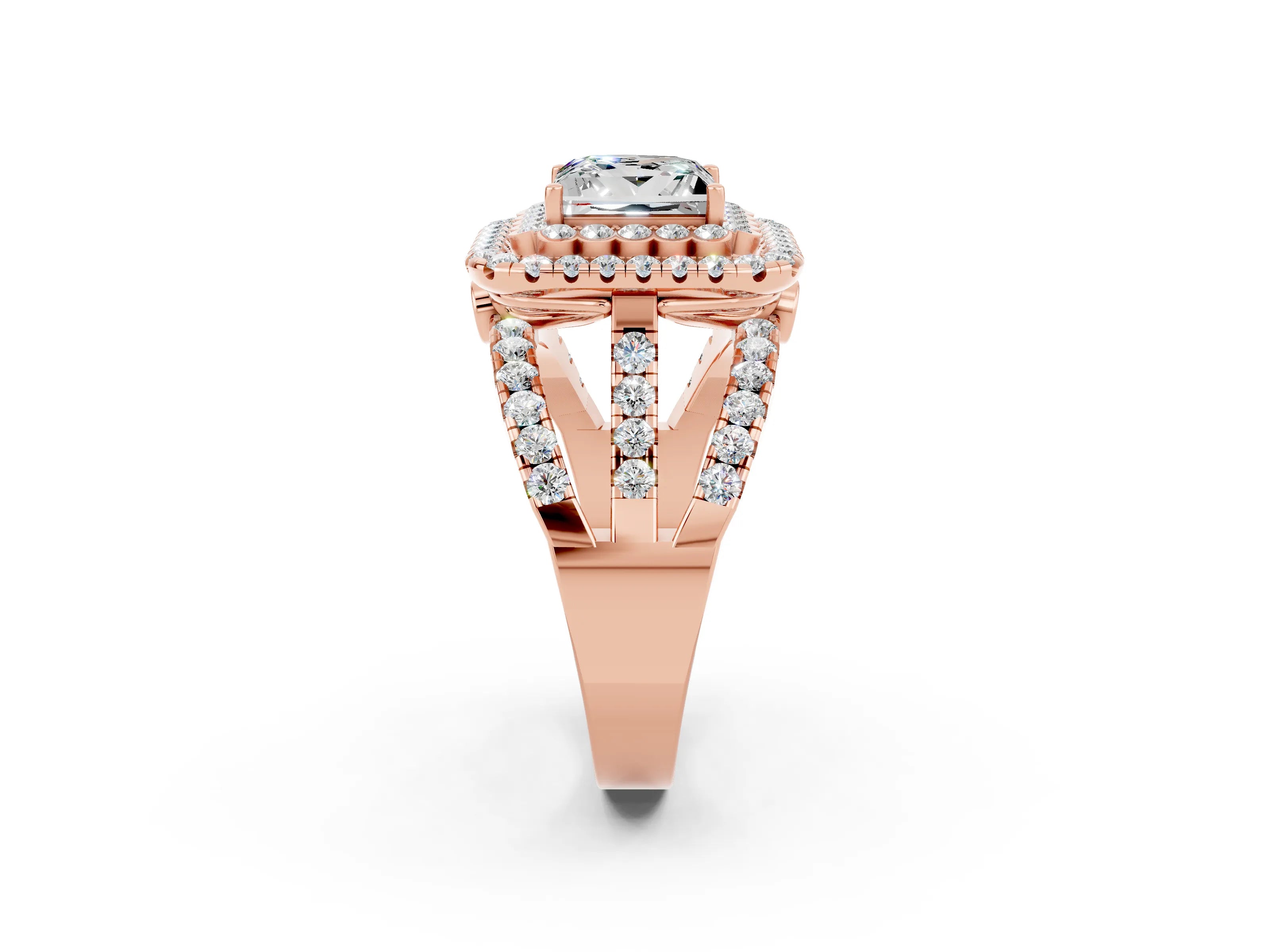 Rose gold Double Halo Princess Cut Diamond Split Shank Pave Set Ring_2