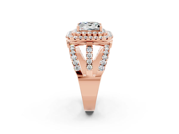 Rose gold Princess Cut Moissanite Double Halo Ring with Round Pavé Split Shank and Prong Setting