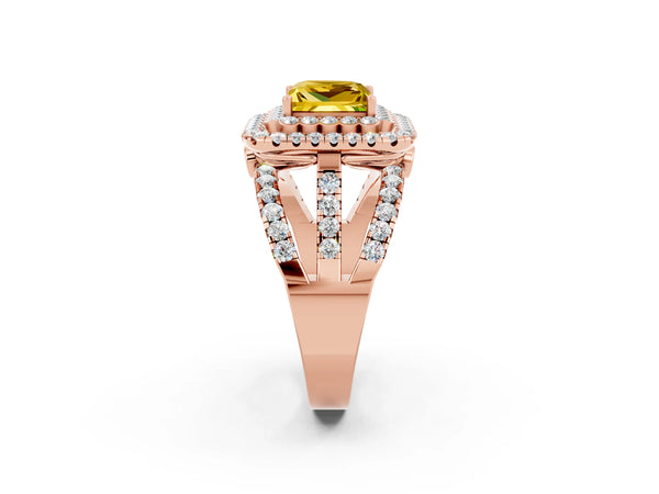 Rose gold Princess Cut Yellow Sapphire Double Halo Ring with Round Pavé Split Shank and Prong Setting