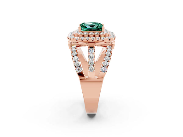 Rose gold Princess Cut Green Sapphire Double Halo Ring with Round Pavé Split Shank and Prong Setting