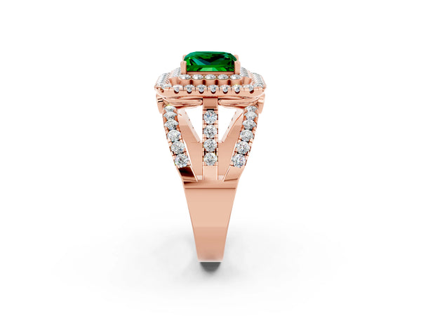 Rose gold Princess Cut Emerald Double Halo Ring with Round Pavé Split Shank and Prong Setting