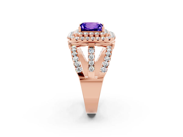 Rose gold Princess Cut Tanzanite Double Halo Ring with Round Pavé Split Shank and Prong Setting