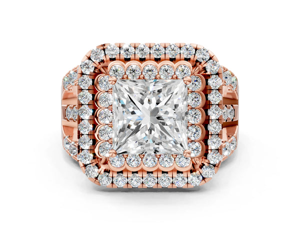 Rose gold Double Halo Princess Cut Diamond Split Shank Pave Set Ring