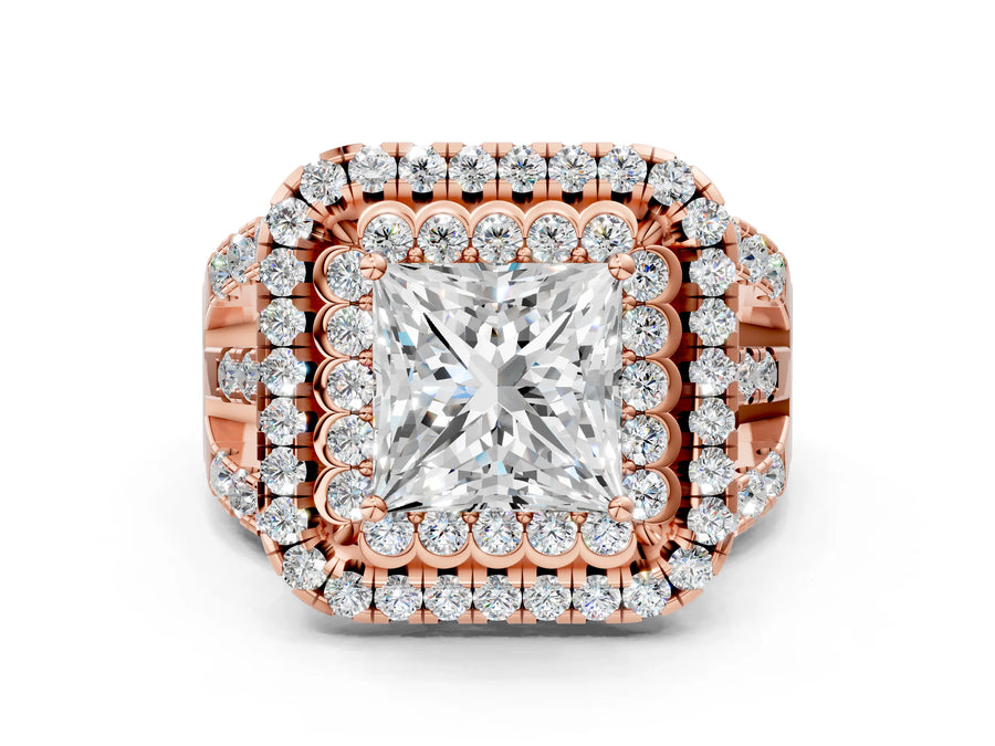 Rose gold Double Halo Princess Cut Diamond Split Shank Pave Set Ring