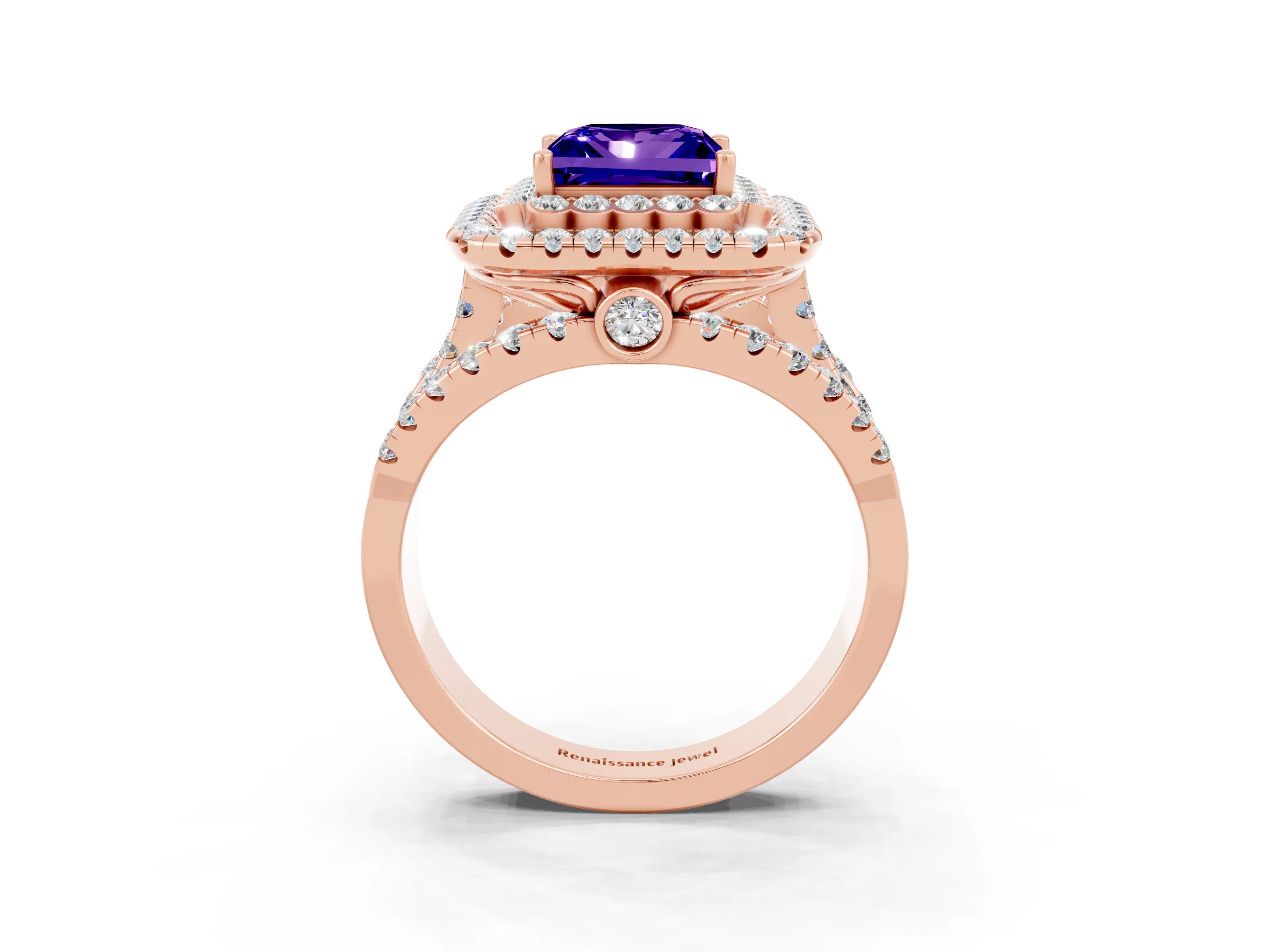 Rose gold Double Halo Princess Cut Diamond Split Shank Pave Set Ring_3