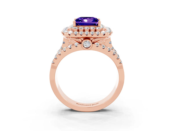 Rose gold Princess Cut Tanzanite Double Halo Ring with Round Pavé Split Shank and Prong Setting