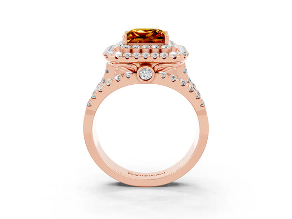 Rose gold Princess Cut Citrine Double Halo Ring with Round Pavé Split Shank and Prong Setting