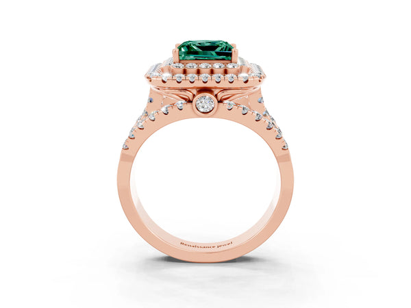 Rose gold Princess Cut Green Sapphire Double Halo Ring with Round Pavé Split Shank and Prong Setting