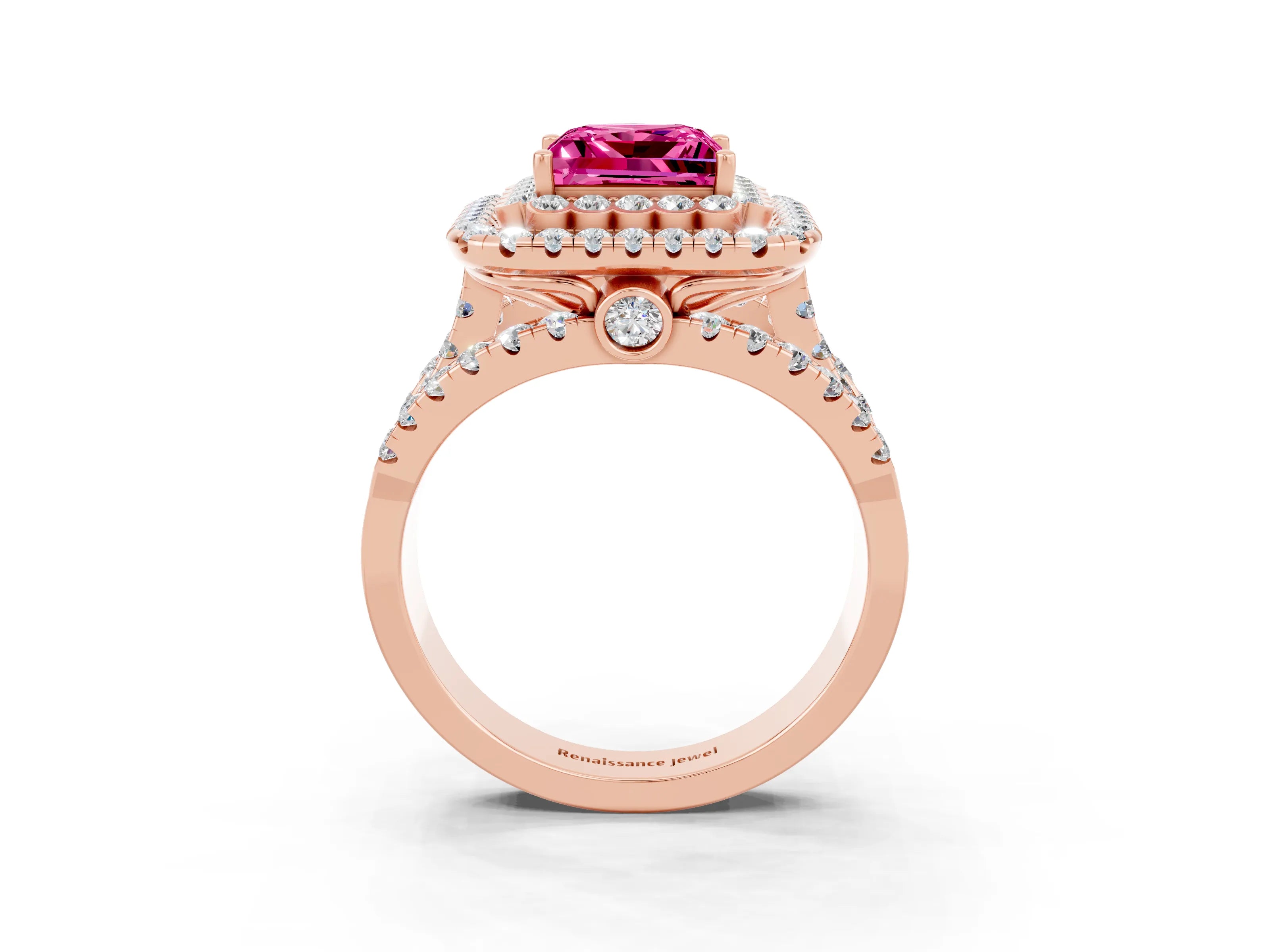 Rose gold Double Halo Princess Cut Diamond Split Shank Pave Set Ring_3